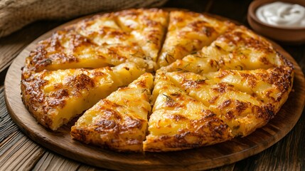 Classic potato gratin with golden, cheesy crust, slices arranged neatly, isolated on a rustic wooden table background