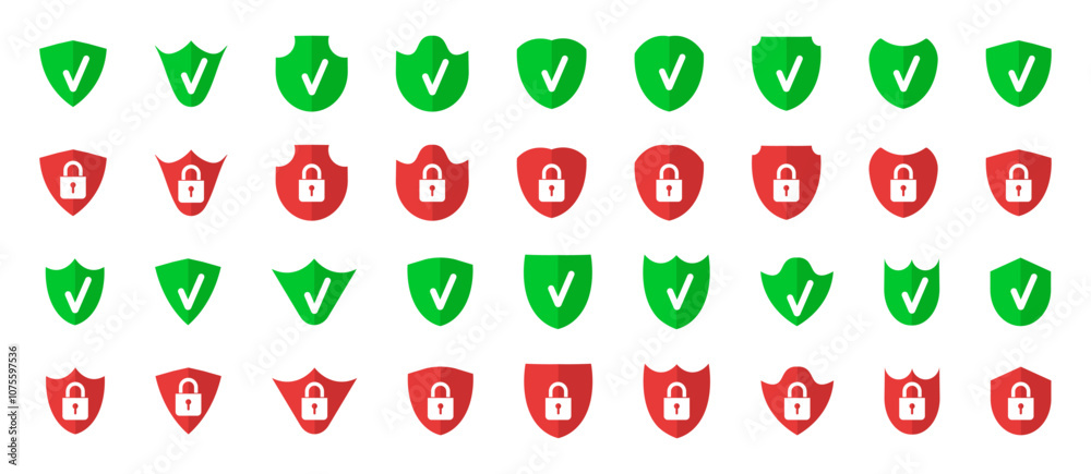 Poster Secure shields with check and lock. Set of protection shields