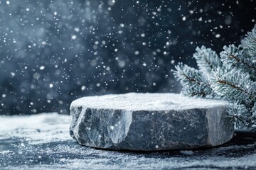 Empty stone podium covered with snow with falling snowflakes and fir tree branch