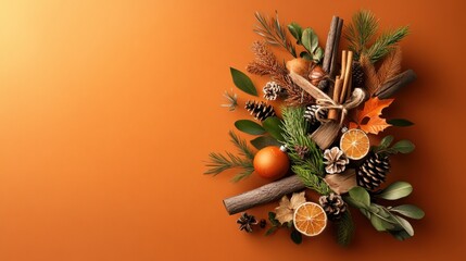 Autumnal Abundance: A festive arrangement of cinnamon sticks, pine cones, oranges, and greenery on a warm orange background, perfect for Thanksgiving, Christmas, or fall-themed designs. 