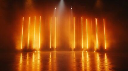 Abstract stage with neon lights and fog.