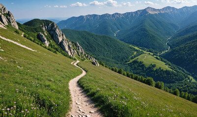 A winding path leads up a grassy mountainside, with a view of the valley below