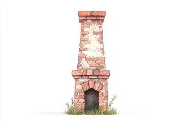 Vintage Red Brick Chimney with Green Grass and a White Background, Ideal for Rustic Home, Cozy Atmosphere, and Country Living Themes in Photography