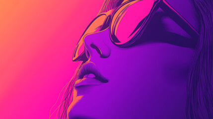 Fototapeta premium Close-up of a woman's face with sunglasses in a vibrant pink and purple color scheme.