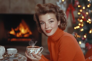 Woman drinking hot beverage by fireplace during christmas time