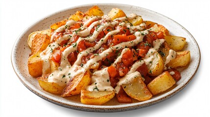 Spanish-style patatas bravas with spicy tomato sauce and aioli drizzle, isolated on a white ceramic plate background