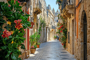 Fototapeta premium Charming narrow street lined with flowers in an old town