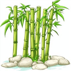 Fototapeta premium Lush Green Bamboo Stalks Surrounded by Smooth Stones in a Serene Natural Setting with Gentle Water Reflection and Vibrant Leaves for Tranquil Atmosphere