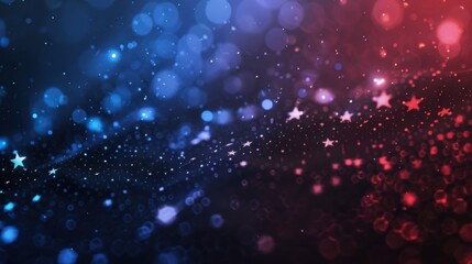 Festive holiday background with sparkling blue and red bokeh and star patterns for seasonal design. Horizontal banner. Copy space. Red and blue background with stars
