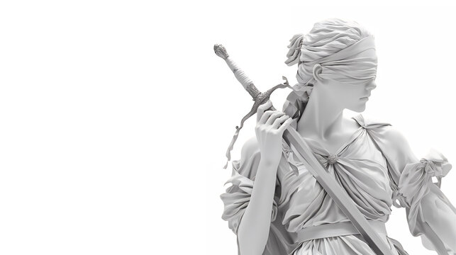 Greek goddess statue, marble sculpture, classical art, flowing robes, draped fabric, sword, warrior woman, profile view, white stone, detailed carving, weathered texture, monochromatic, high contrast