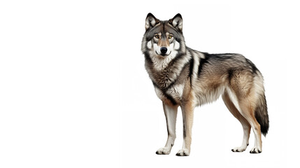 Obraz premium wolf, standing, alert pose, full body, side view, gray and tan fur, white background, realistic, detailed, studio lighting, wildlife photography, majestic, predator, canine, natural habitat, isolated