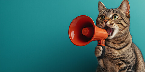 Brown tabby cat holding an orange megaphone on teal background, appearing to shout. Humorous scene with expressive cat.
