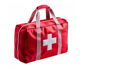First aid kit, red canvas bag, white cross symbol, medical emergency kit, portable medical supplies, zipper closure, carrying handles, bright red color, isolated on white background, high contrast