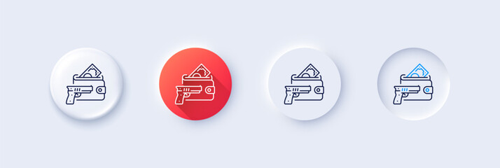 Armed robbery line icon. Neumorphic, Red gradient, 3d pin buttons. Money fraud crime sign. Thief with gun steal cash symbol. Line icons. Neumorphic buttons with outline signs. Vector