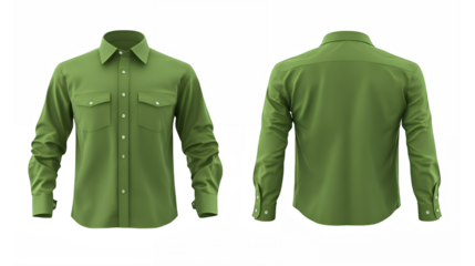 Green long-sleeved button-up shirt, casual menswear, front and back view, studio lighting, plain background, detailed fabric texture, outdoor apparel, military-inspired design, practical pockets