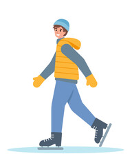 Happy boy on skating ice rink in winter. Snowy winter season outdoor activity. Male Character in warm clothes skating. Vector icon illustration isolated on white background.