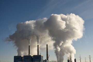 Coal fired power station with smokestacks and rising clouds of emissions with a blue sky. 