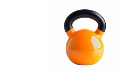 Orange kettlebell, glossy finish, black handle, fitness equipment, isolated on white background, studio lighting, high contrast, minimalist design, sports gear, strength training, functional fitness