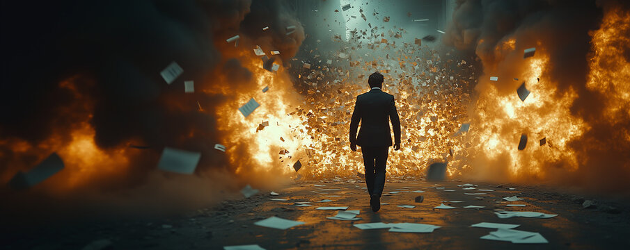Man walking through fiery explosion with flying documents. Intense cinematic scene of determination and chaos as papers scatter in the air.
