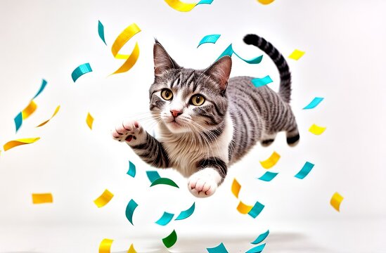 Funny cat jumping under exploding blue yellow confetti. Golden glitter of a festive firecracker. Yellow background. A banner for sale or advertisement. Fun concept with pet. Cute kitten having party