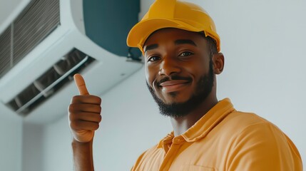 A Male electrician giving a thumbs up Air conditioner repairman working from home