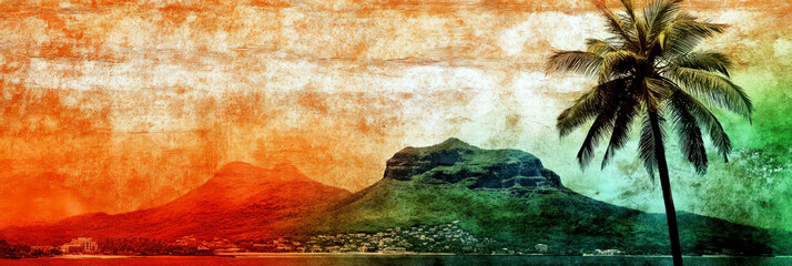 Mauritius independence day celebration with scenic island view and palm tree. Horizontal banner. Copy space. Vintage postcard