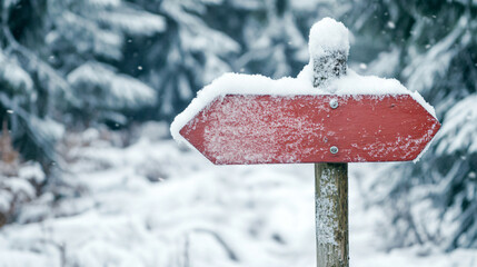Snow covered wooden signpost pointing the way through