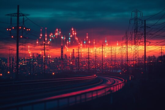 Electricity market showing increasing graph above industrial city at sunset