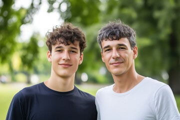 Two smiling individuals stand together in a sunny park, showcasing their familial bond and enjoying a pleasant day outdoors. Generative AI