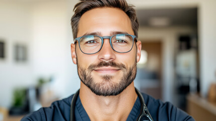 Fototapeta premium Smiling male doctor wearing glasses and scrubs.