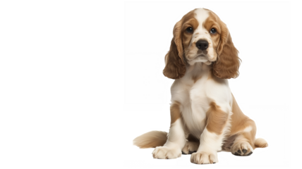 cute puppy, Cocker Spaniel, floppy ears, white and tan fur, sitting pose, innocent expression, studio lighting, white background, high detail, photorealistic, soft focus, pet photography, adorable