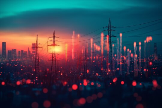 Electricity transmission towers and stock market graph expanding over city at sunset