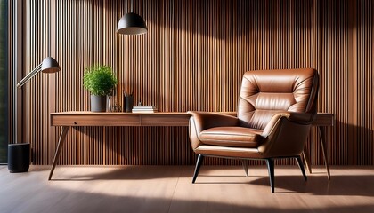  A modern studio features a leather chair amidst natural light and wooden slats, showcas_1(444)