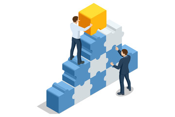 Isometric Business Puzzle. Teamwork and partnership. Business people join puzzle pieces. Doing business. Business people join puzzle pieces.