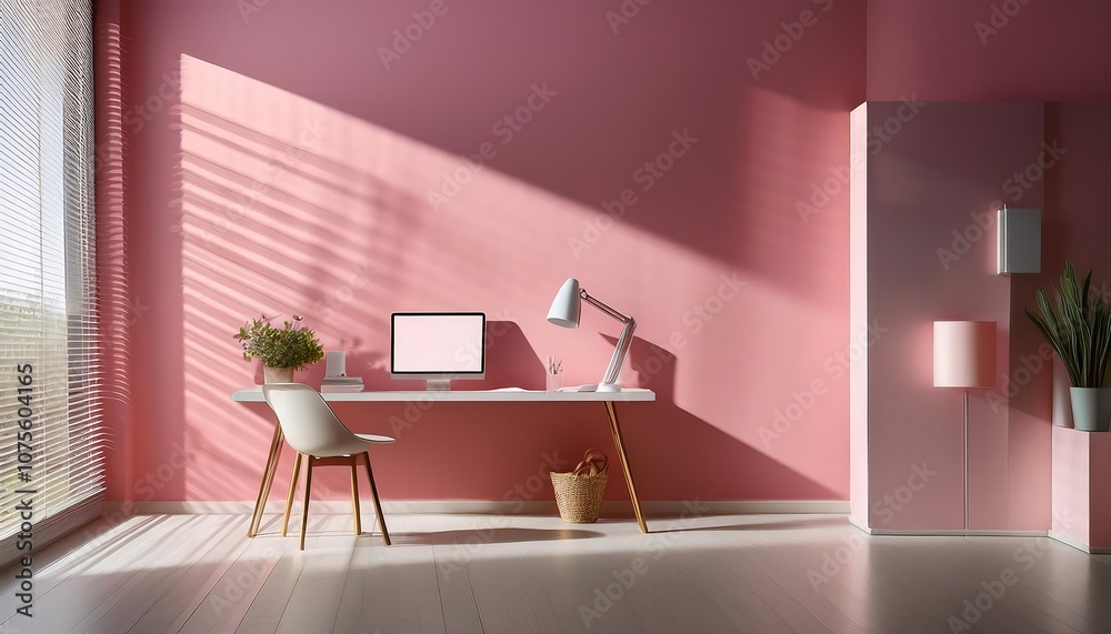 Aufkleber  A minimalist workspace features a calm open space with a smooth surface, a muted pink wall,_1(430)