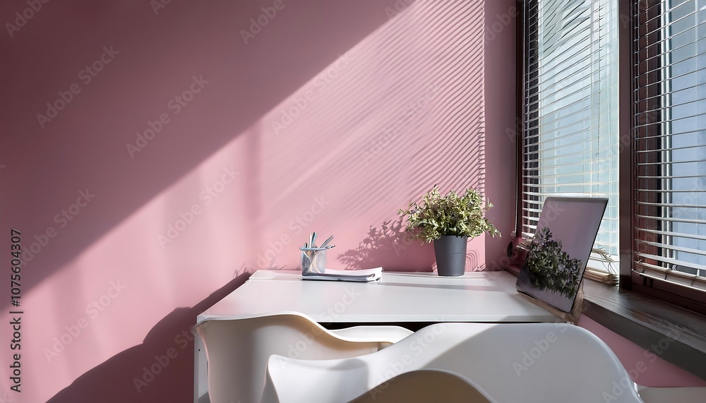 Aufkleber  A minimalist workspace features a calm open space with a smooth surface, a muted pink wall,_1(429)
