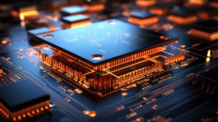 High-Tech Circuit Board with Advanced Microprocessors and Electronic Components. Futuristic Technology Background