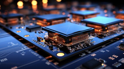 High-Tech Circuit Board with Advanced Microprocessors and Electronic Components. Futuristic Technology Background