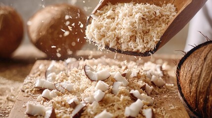 Coconut shavings being expertly grated on a wooden surface in a cozy kitchen setting