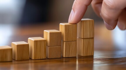 A hand adjusting wooden blocks in an increasing height sequence, symbolizing growth and progress in business or learning.
