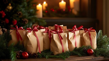 Rustic advent calendar with brown paper bags tied with red ribbons, against a background with pine branches, holly, and candles