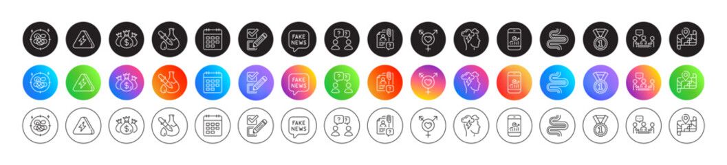 Chemistry experiment, Best rank and Checkbox line icons. Round icon gradient buttons. Pack of Genders, Mindfulness stress, Smartphone statistics icon. Vector