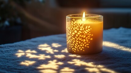 Lit candle with intricate light patterns on surface