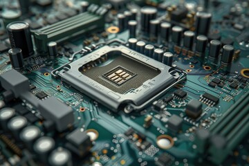 Fototapeta premium CPU Motherboard. Advanced Computer Hardware Repair and Microprocessor Component Engineering