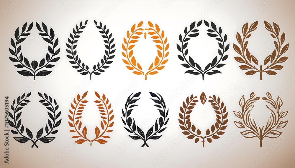 Poster a laurel foliate vector icon set features a circular design on a white background, alon_1(369)