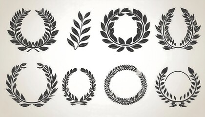 Fototapeta premium A laurel foliate vector icon set features a circular design on a white background, along wi_1(367)