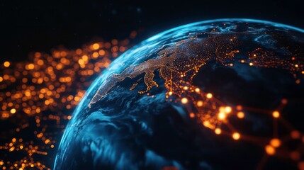 A glowing digital earth with blue and orange lights, representing global connectivity and technology