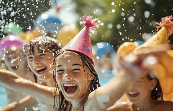 Kids in party hats enjoy a fun birthday party by the pool, filled with laughter and splashes - Powered by Adobe