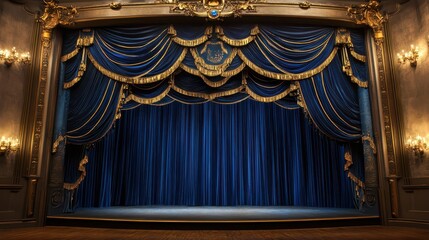 Elegant theater stage with luxurious blue curtains and ornate details perfect for performing arts design. World Theatre day. Horizontal banner. Copy space. Blue fabric texture background