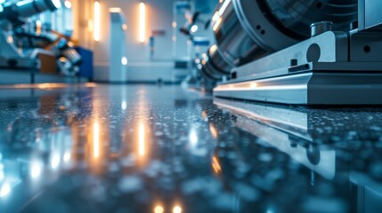The smooth polished surface of the floor reflects the glowing lights of the telescopes and displays.